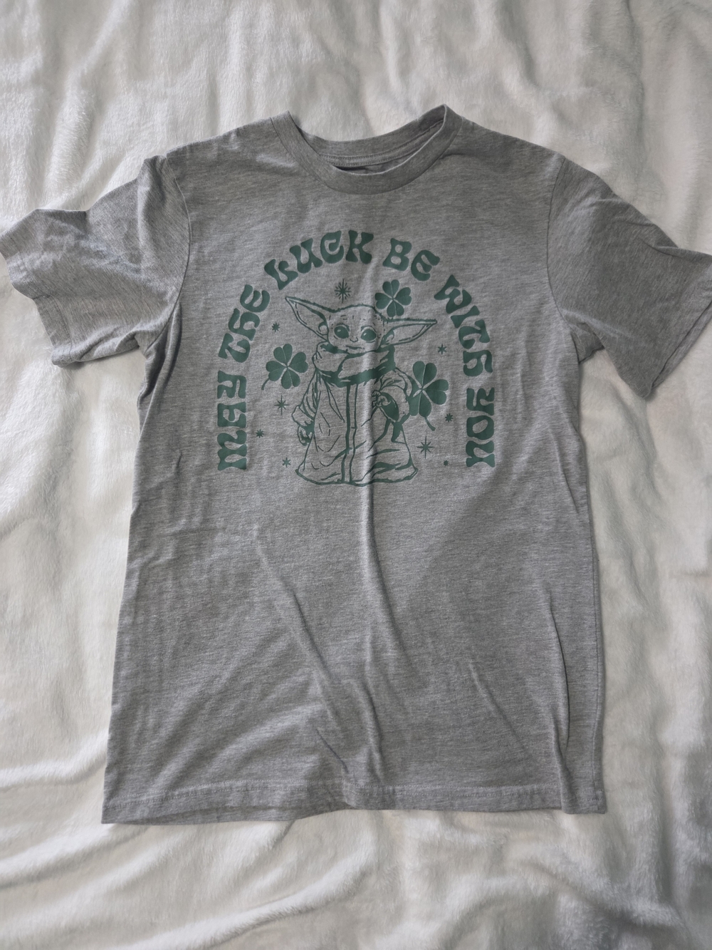 Star Wars Gray T-Shirt with Green Grogu Shamrock Graphic